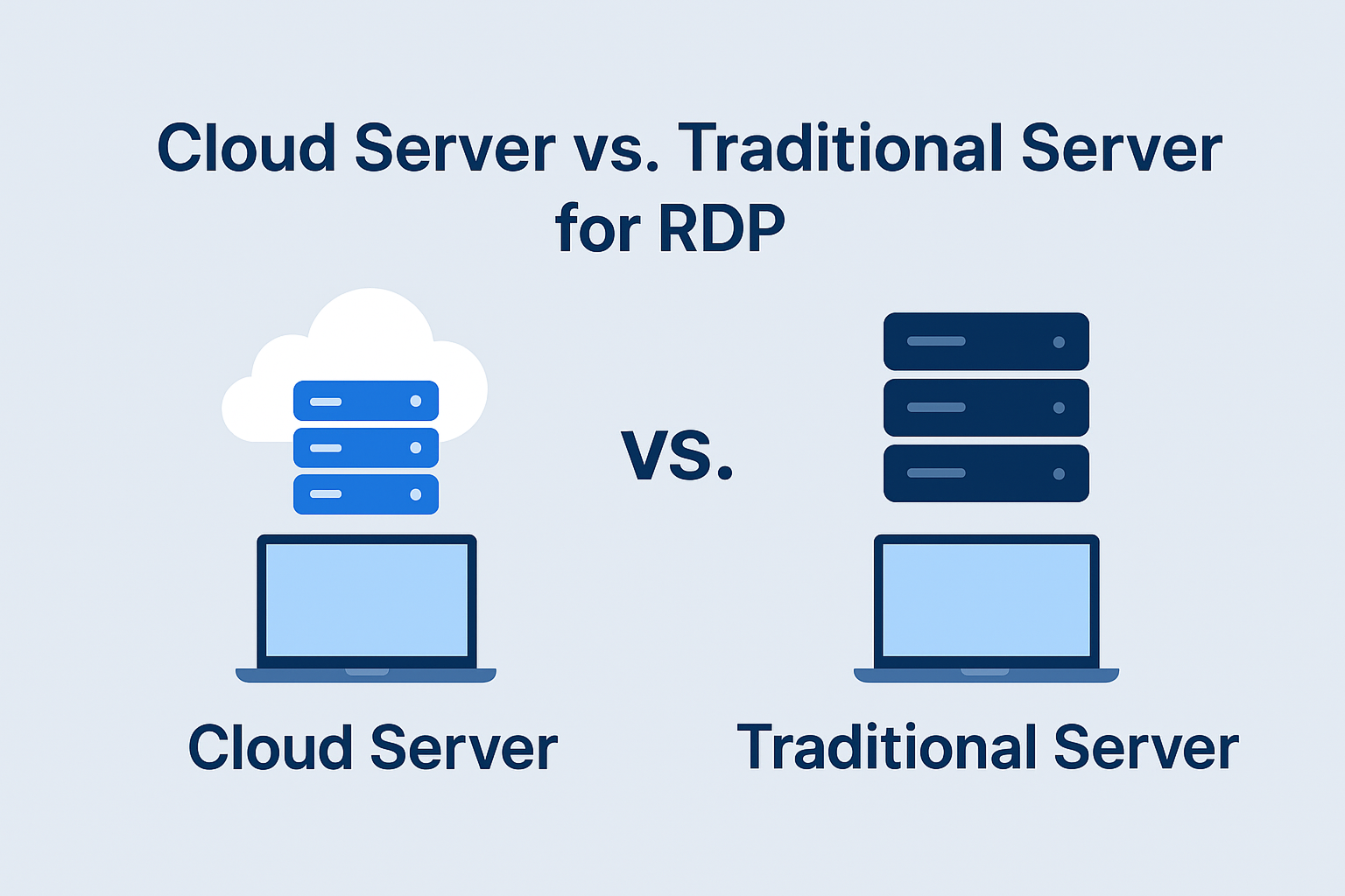 Cloud Server vs RDP comparison image showing secure remote desktop, cloud hosting, and business remote access solutions.