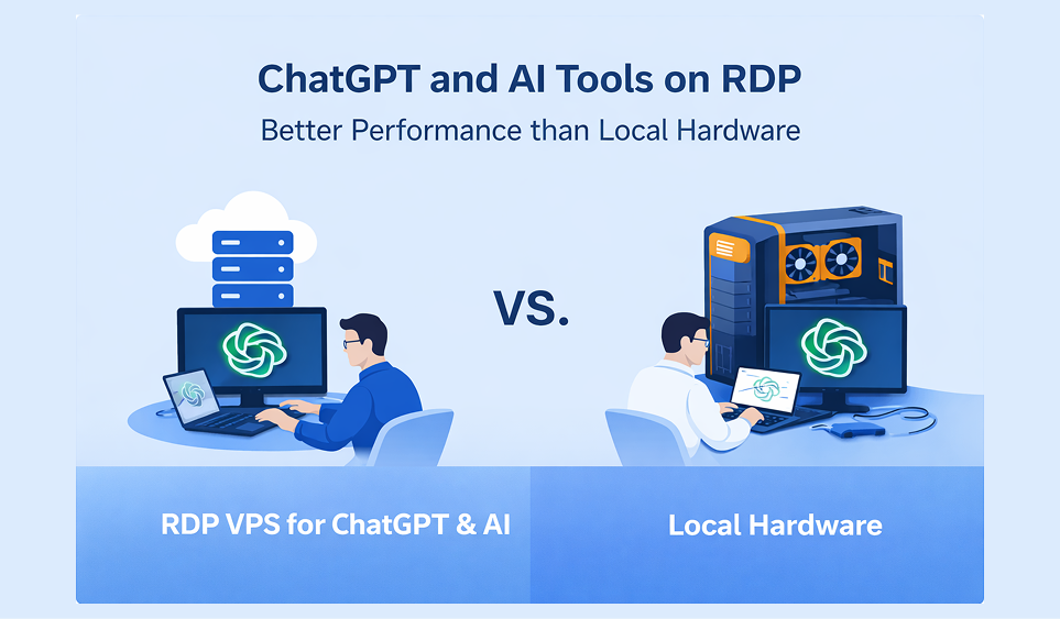 Cloud Server vs RDP comparison image showing secure remote desktop, cloud hosting, and business remote access solutions.