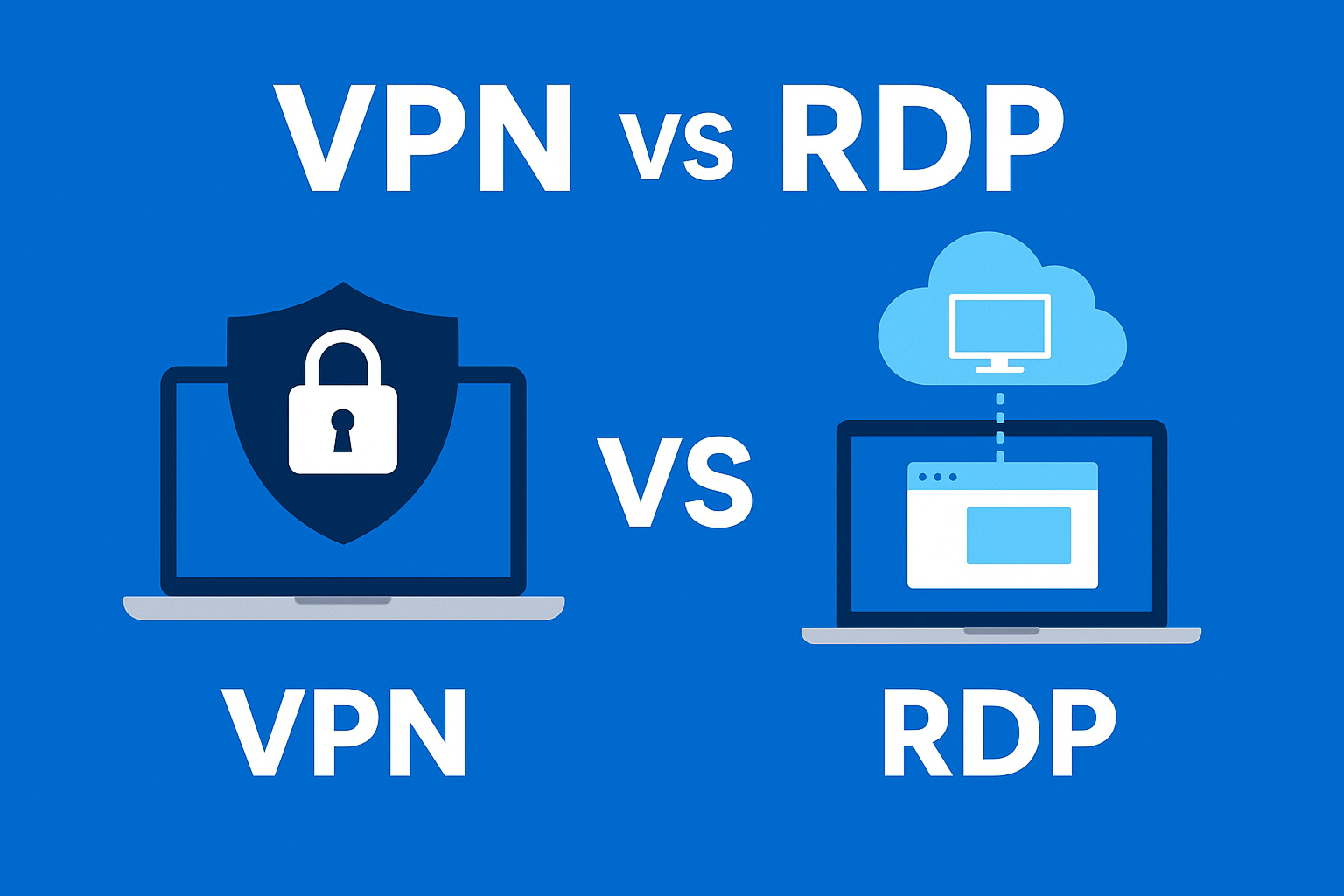 Illustration comparing VPN and RDP showing secure remote access, data encryption, and business connection solutions.